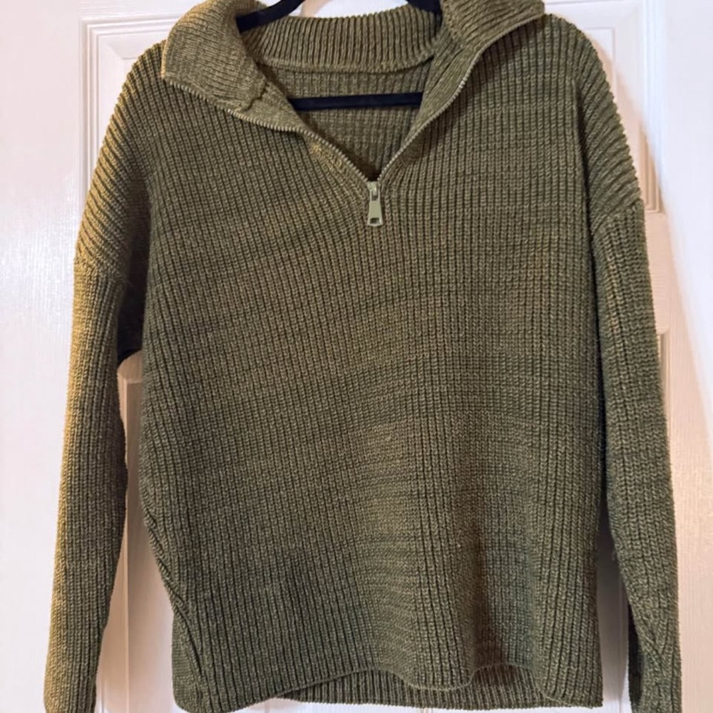 Olive Green Ribbed Half-Zip Sweater